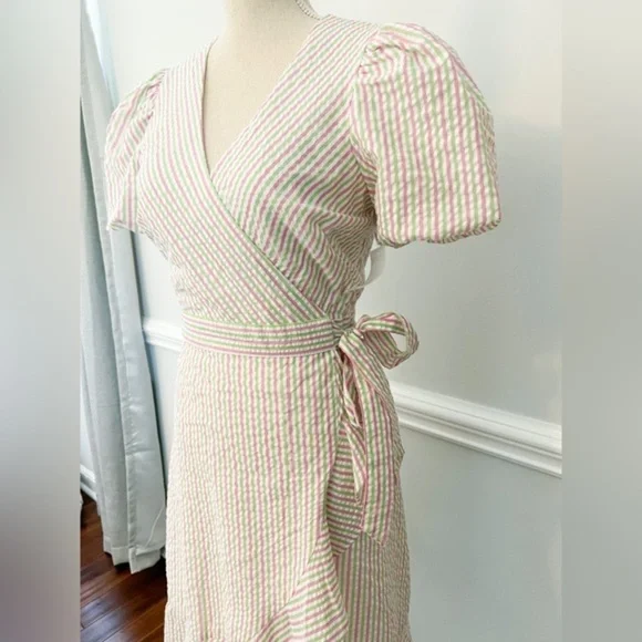 NWT Draper James RSVP Pink Green Striped Seersucker Puff Sleeve Wrap Dress, Sz S - Picture 7 of 10